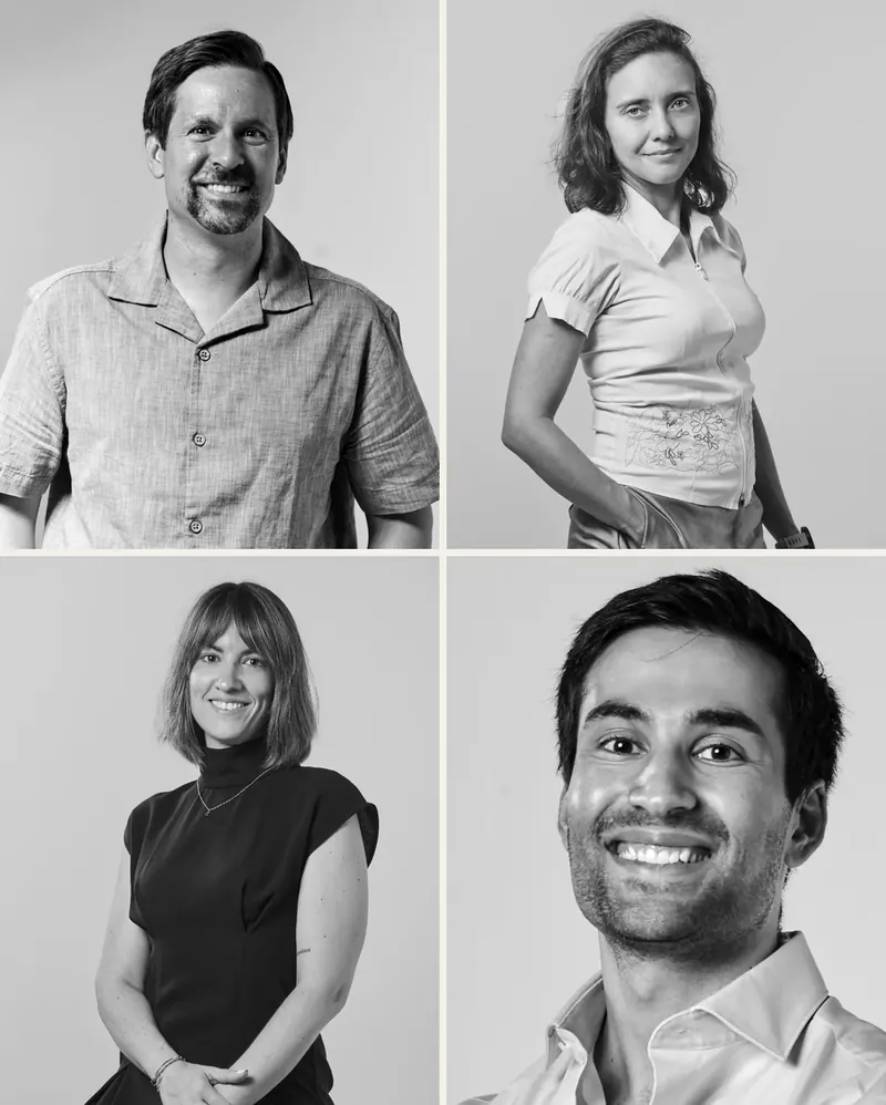 Retratos de cuatro profesionales de Cuidarles: Dr. Ismael San Mauro, Dra. Andrea Reis, Dra. Irene Llorente y Dr. Kinán Rajjoub